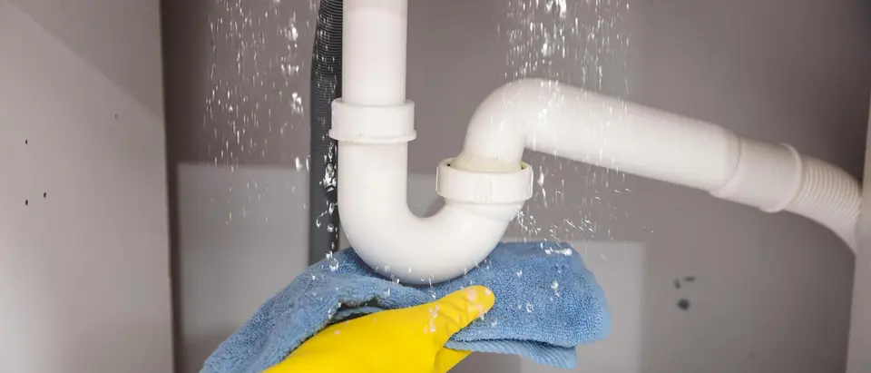 Water spraying from the white plastic trap under a sink while a hand in a yellow rubber glove holds a blue towel beneath it