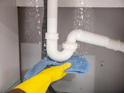 Water spraying from the white plastic trap under a sink while a hand in a yellow rubber glove holds a blue towel beneath it