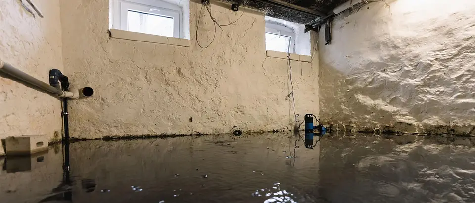 A basement with rough white walls and two small windows, dark water standing across the whole floor and a small submersible pump at the far wall