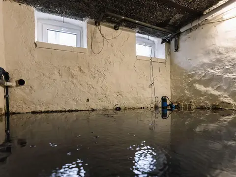A basement with rough white walls and two small windows, dark water standing across the whole floor and a small submersible pump at the far wall