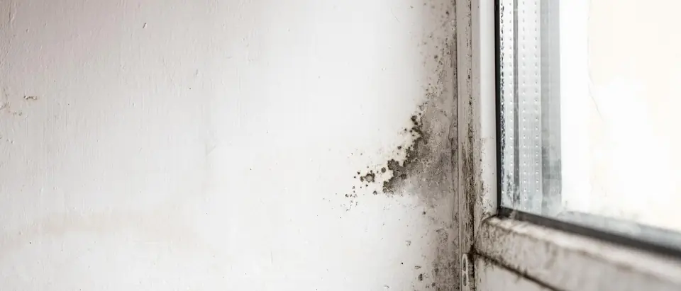 Dark mold spots on a white painted wall where it meets a window frame, with more along the frame and the sill