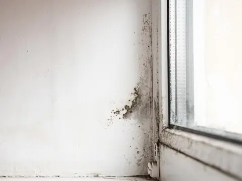 Dark mold spots on a white painted wall where it meets a window frame, with more along the frame and the sill